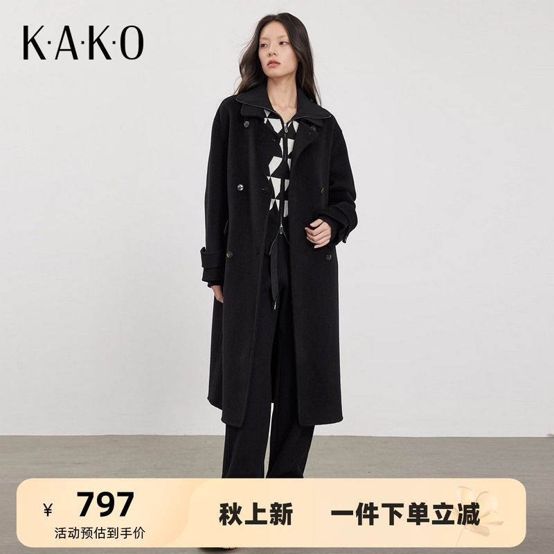 翻领双排扣女式中长款大衣