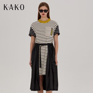 KAKO 春夏女款气质简约百搭裙子圆领短袖条纹拼接可拆卸连衣裙