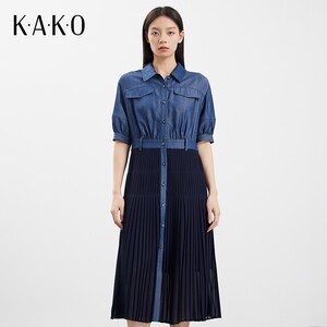 【商场同款】KAKO新款时尚休闲翻领牛仔拼接收腰连衣裙5332381