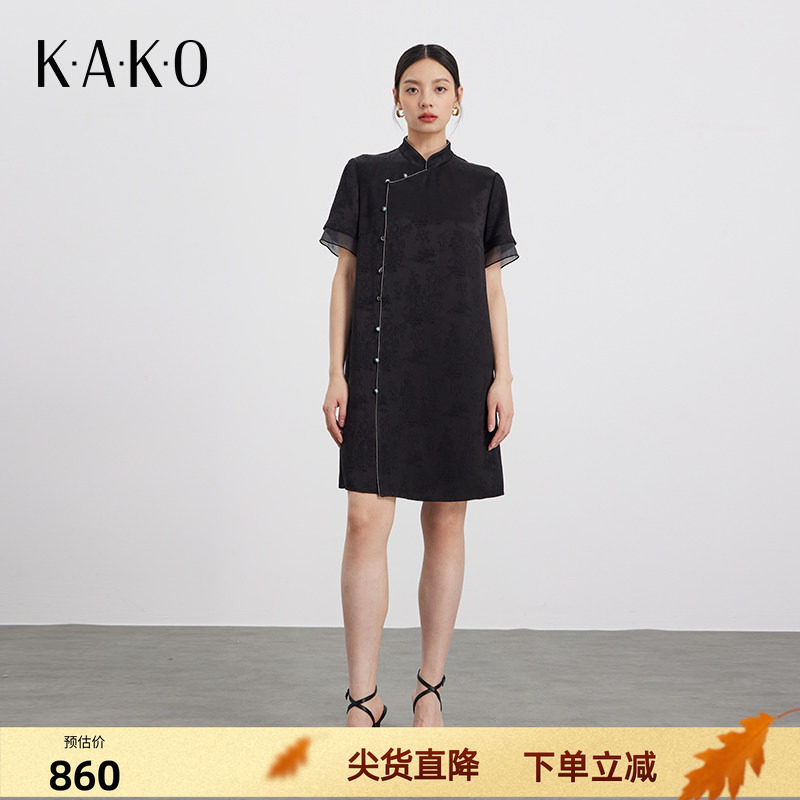 KAKO夏季新品新中式旗袍连衣裙女收腰印花优雅复古裙子5350381
