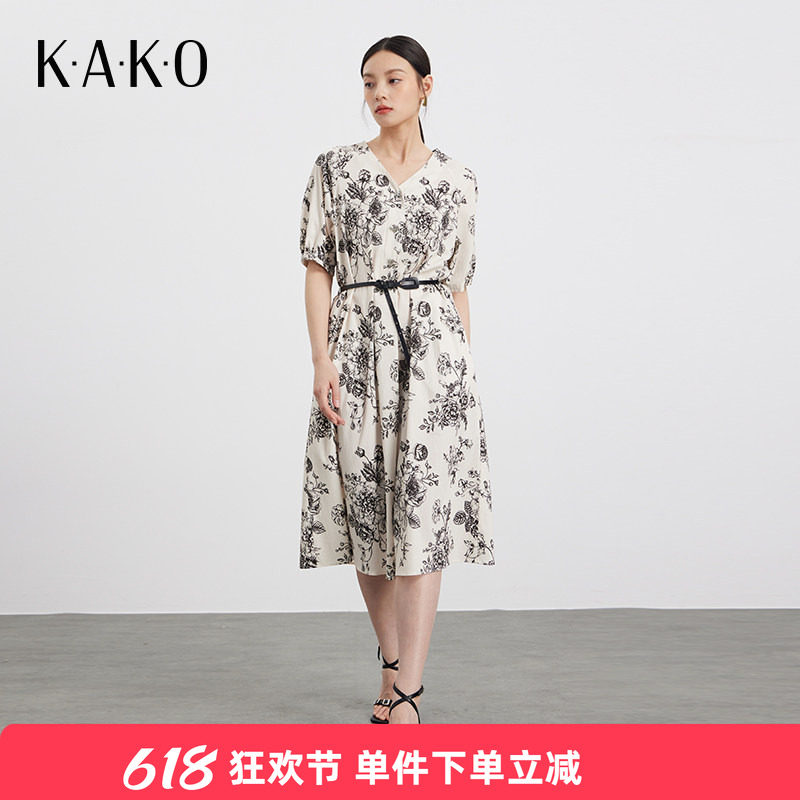 KAKO夏季新品气质玫瑰印花V领连衣裙女收腰显瘦优雅裙子5350882