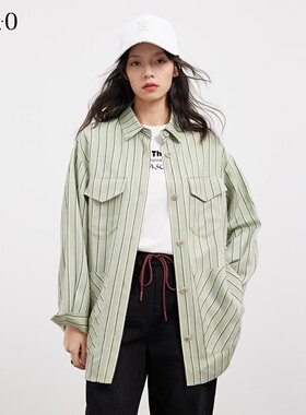 KAKO秋冬新款休闲百搭宽松中长款长袖长纹衬衫式抽绳上衣外套女