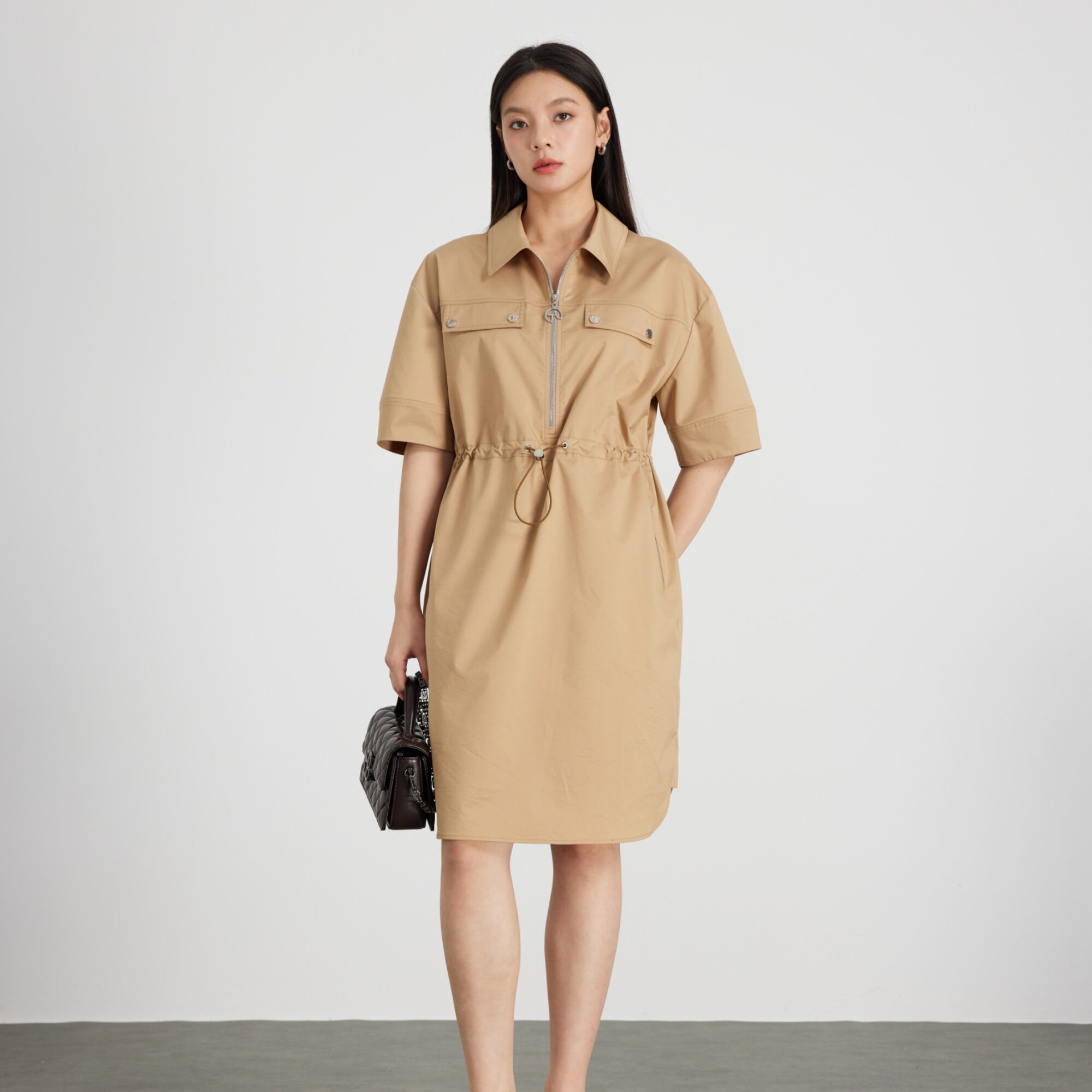 KAKO夏季新品通勤设计感工装抽绳连衣裙女中长款休闲裙子5522281