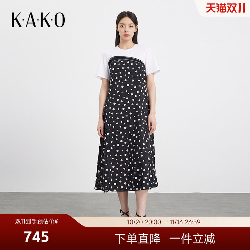 KAKO夏季新品撞色波点拼接显瘦连衣裙女修身显瘦气质裙子5340383