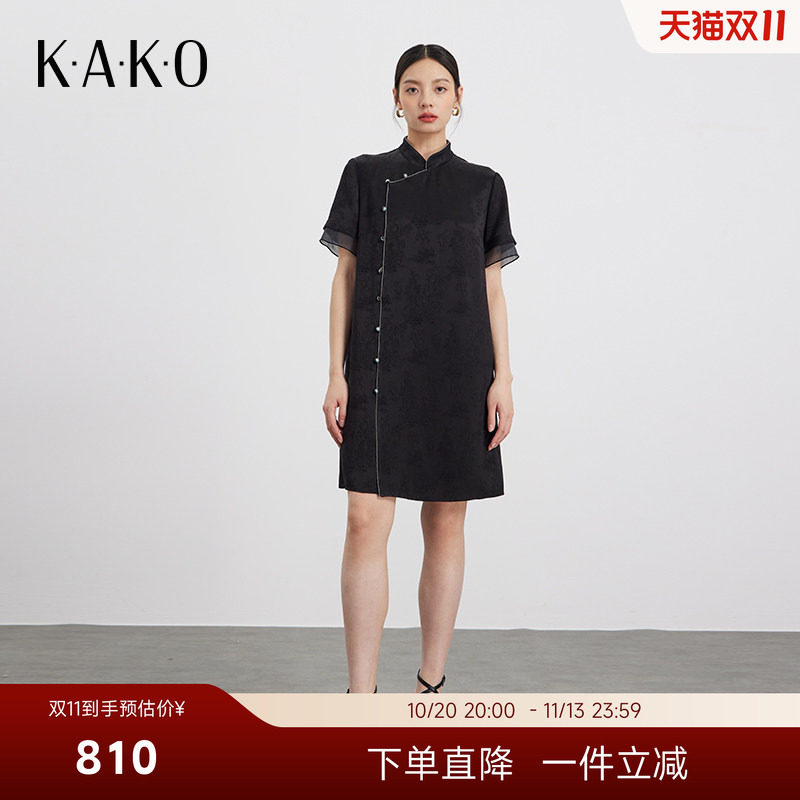 KAKO夏季新品新中式旗袍连衣裙女收腰印花优雅复古裙子5350381
