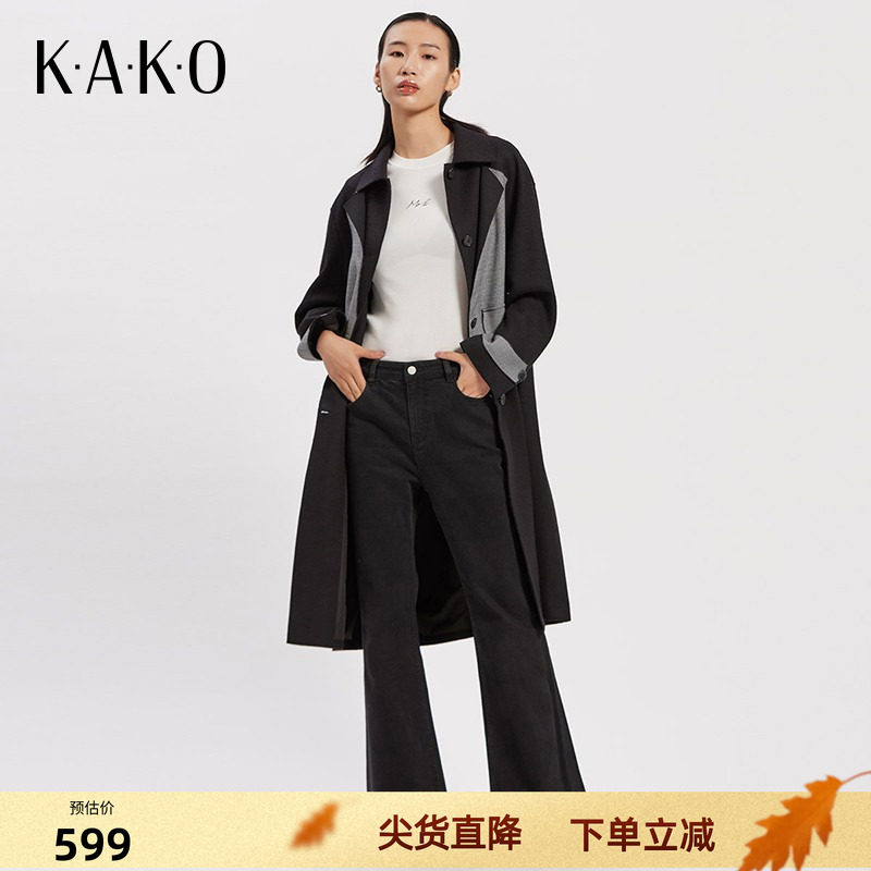 KAKO秋冬女装气质中长款毛呢外套西装领千鸟格拼接大衣5023492