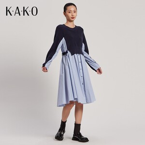 KAKO秋冬女装中长款裙子休闲气质圆领针梭相拼条纹连衣裙5012581