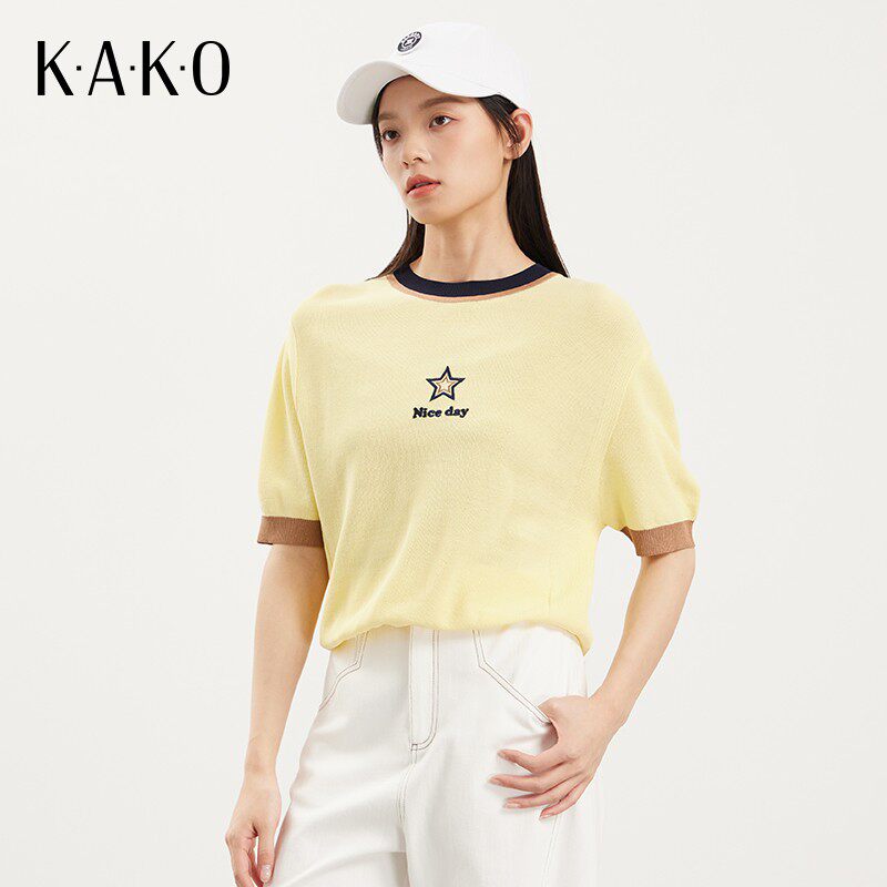 【商场同款】KAKO新款学生风瘦腰港风撞色基础短袖针织衫5322042