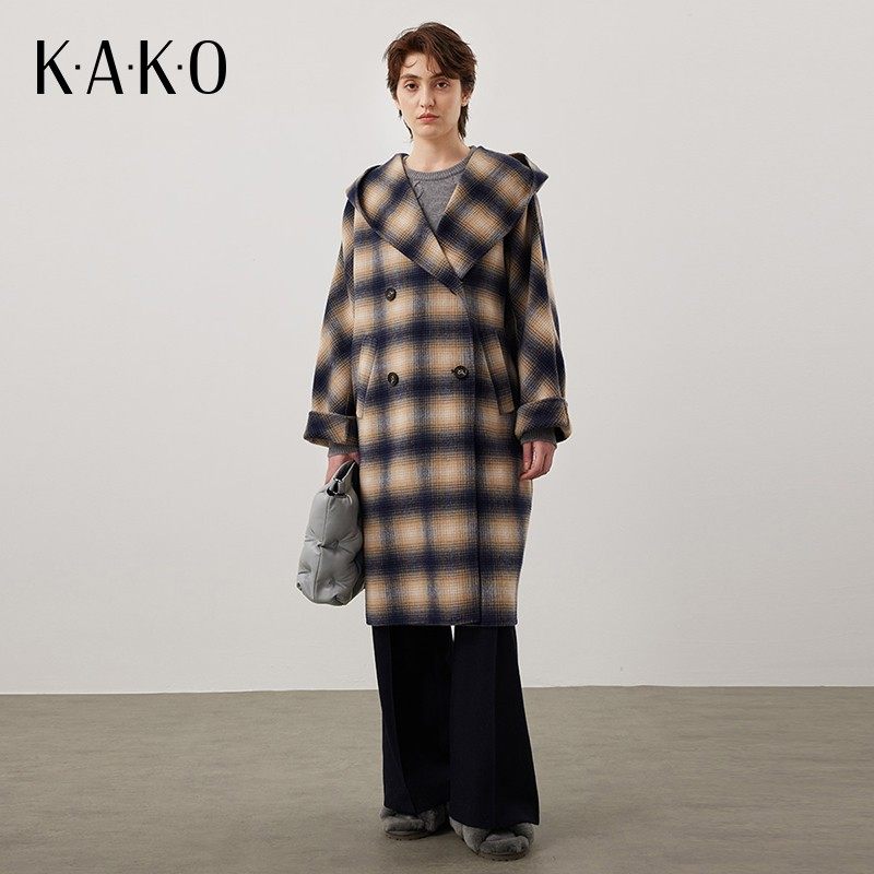 KAKO秋冬新款女装时尚气质长款毛呢外套浴袍款休闲连帽格纹大衣