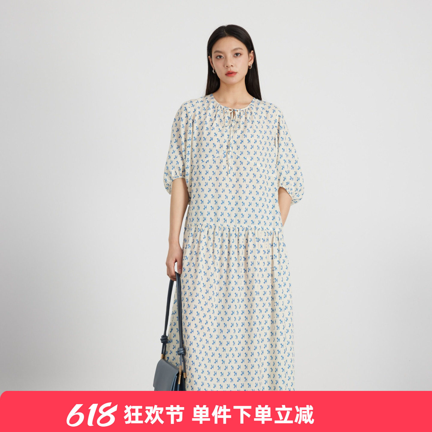 KAKO春夏新品莱赛尔印花连衣裙女中长款显瘦设计感裙子