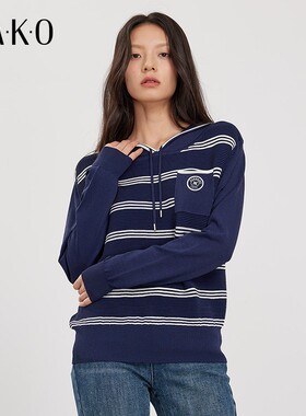 KAKO秋冬新款女装简约时尚休闲上衣女款百搭针织衫条纹连帽针织衫