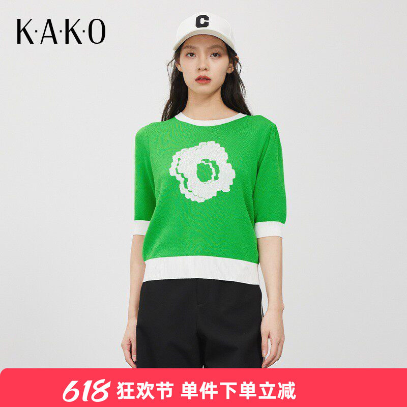 【商场同款】KAKO新款休闲女上衣百搭字母花短袖针织衫女5212041