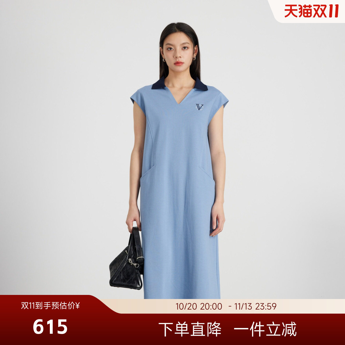 KAKO夏季新品莱赛尔设计感撞色翻领小包袖连衣裙长款裙子