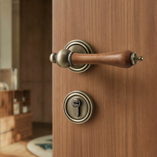 法式 复古卧室门锁室内木门磁吸静音房门锁房间胡桃木中古风门把手