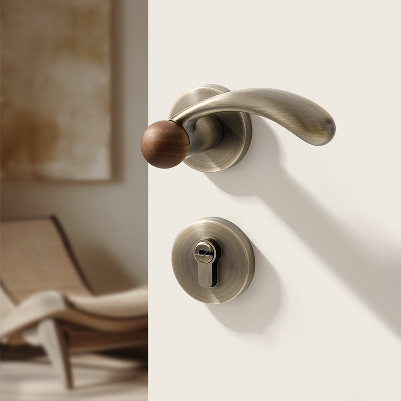 复古卧室门锁室内木门分体房门锁古铜色家用房间磁吸中古风门把手