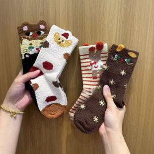 儿童珊瑚绒袜子秋冬季女童韩版卡通加绒中筒袜学生加厚保暖袜冬天