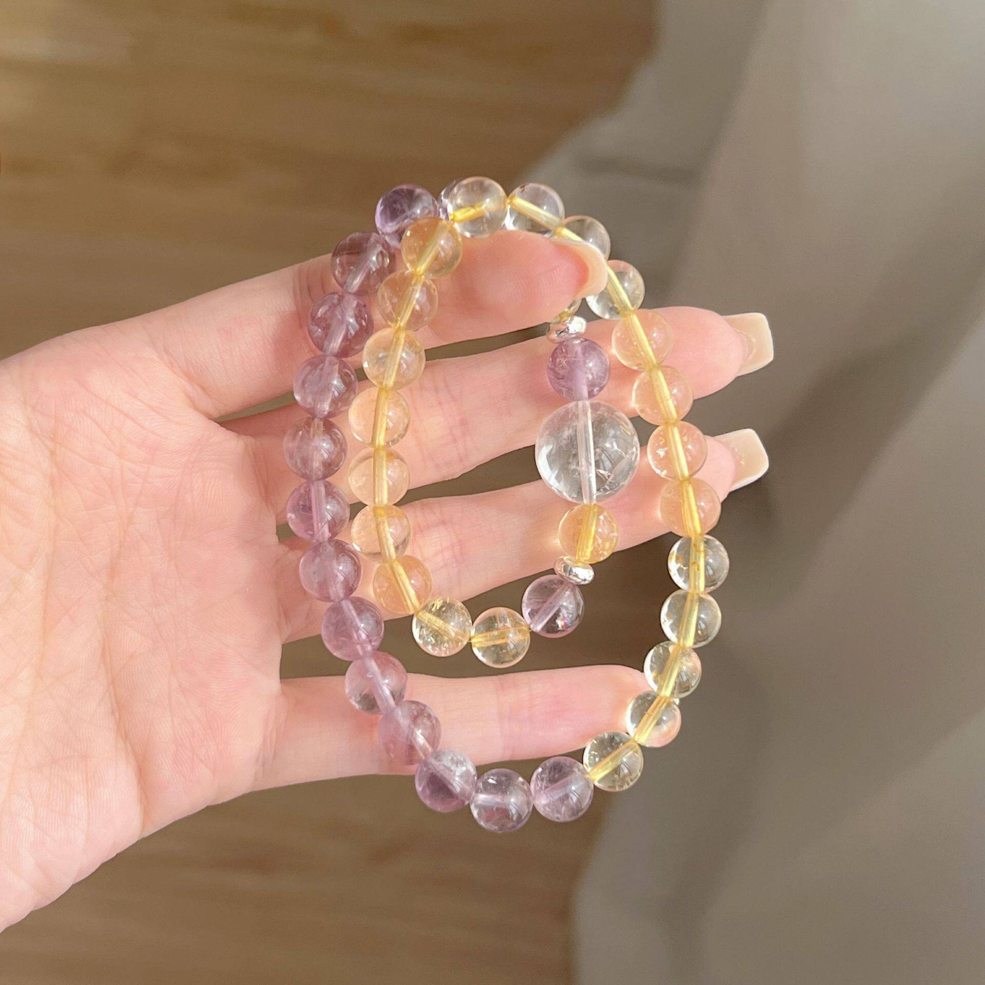 巧恩天然紫阿塞黄阿塞手链女生大颗粒个性小众白水晶串珠批发双圈
