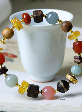 新中式蜜蜡多宝原创手串文玩桶珠沉香木南红玛瑙国风手链一件代发