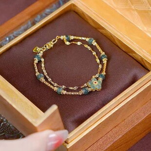 新款烟雨桃花墨绿珠子翡翠桃花古风手链玉石首饰礼物送闺蜜女友