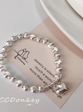 镀厚银手链女款爱心手工串珠银珠手串猫眼珠弹力线圆珠手环小众