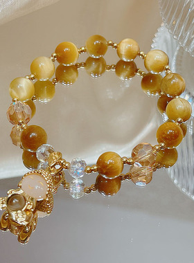 投影佛头手链女ins韩版风金色虎眼石水晶手链单圈时尚男女士佛珠