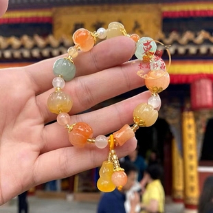景区拿货天然新疆金丝玉南瓜珠葫芦手链多子多福玉石彩色福禄手串