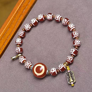 天然玛瑙大鹏鸟天珠手串单圈羊板眼配珠藏式文玩佛珠复古手链