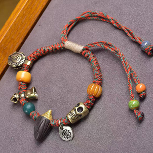 藏式文玩娘拉擦擦手工编织绳手链男女回流骨绿玛瑙铜卡子阿呆