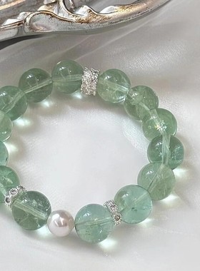 新中式国风转运珠薄荷仿珍珠手链绿萤石水晶手串弹力小众礼物批发