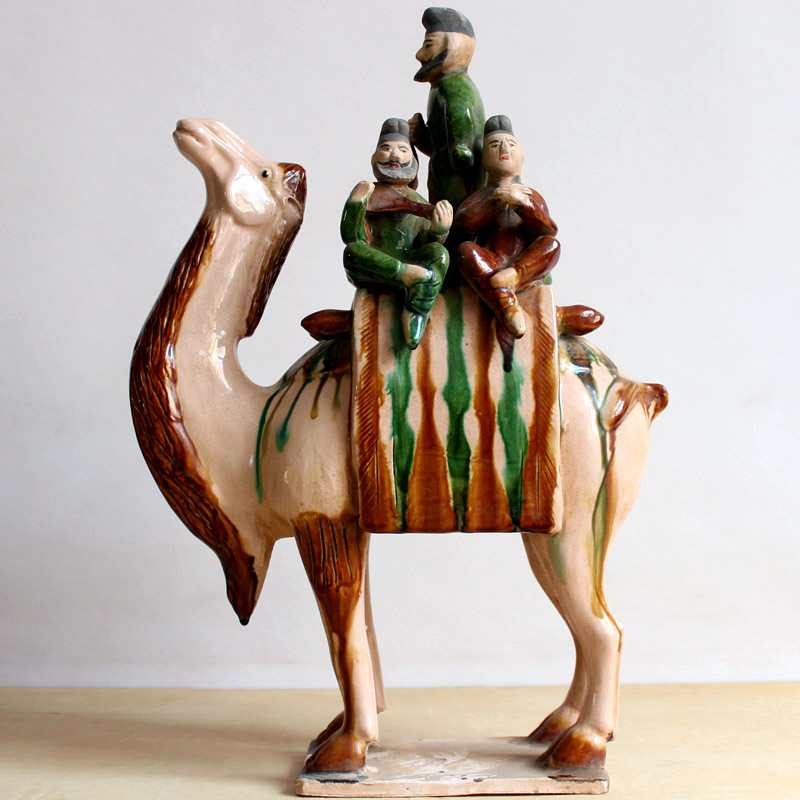 高超仿古唐三彩骆驼载乐俑摆件五人驼乐器俑胡俑中式陶瓷古玩古董