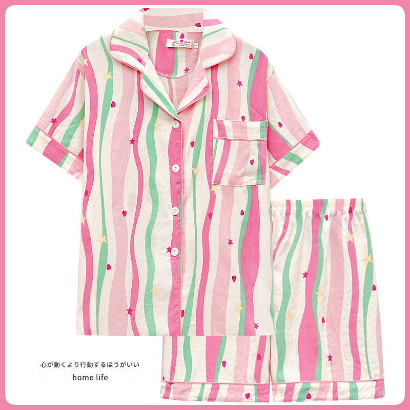 多巴胺条纹睡衣女夏季新款梳织纯棉短袖套装网红ins风爆款家居服