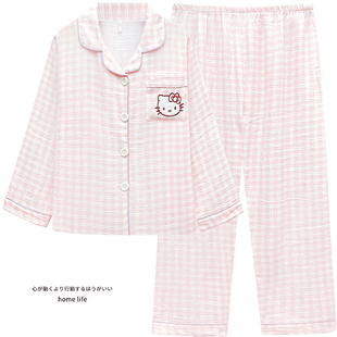 双层泡泡纱布可爱小猫咪卡通家居服套装 秋冬 长袖 纯棉睡衣女春夏季