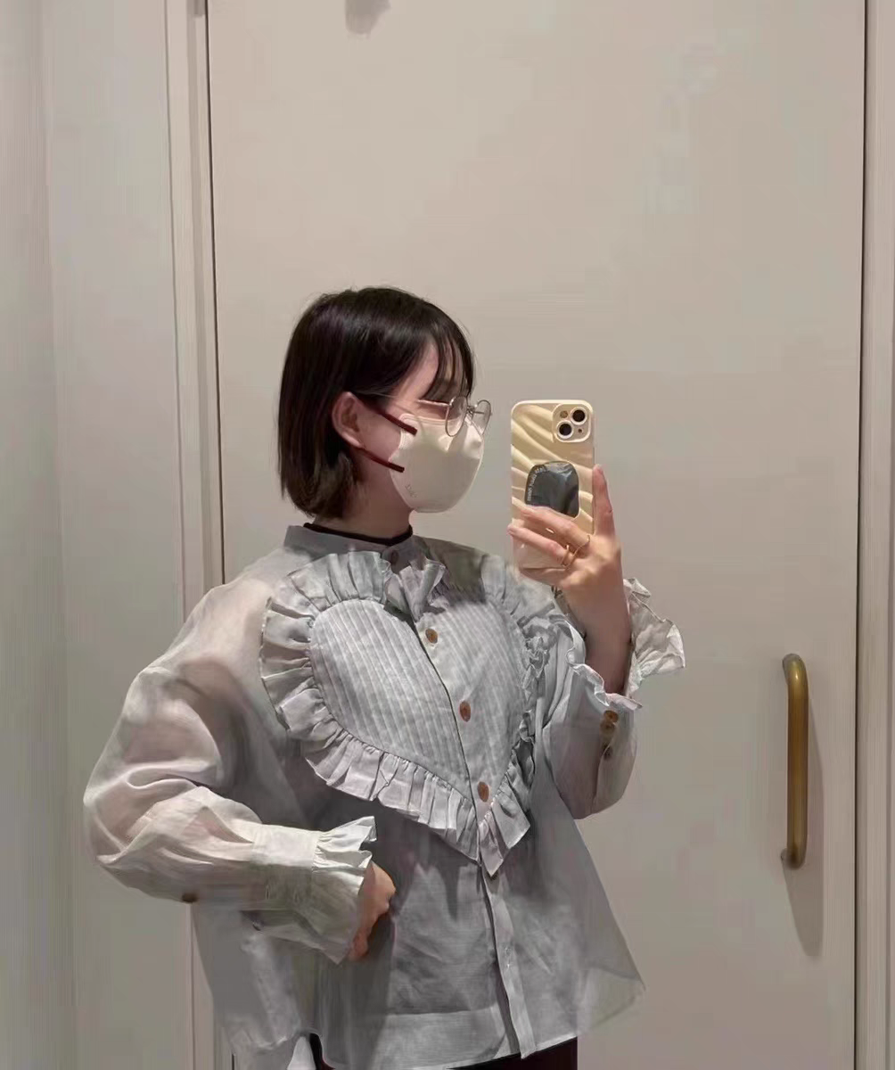 夏季日单贵牌爱心宫廷袖透视灰色长袖宽松衬衫女款