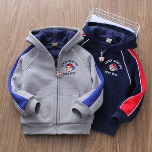 男童双层加厚卫衣外套秋冬童装 儿童薄棉衣春秋宝宝针织加绒拉链衫