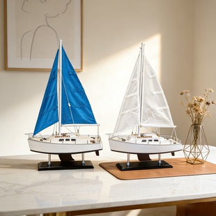 美式 饰品桌面摆设 单杆卡特琳娜号帆船模型木质工艺船蓝白帆家居装