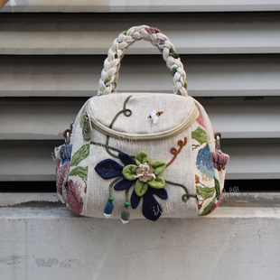民族风手工花卉国风帆布手提包小清新文艺简约百搭超轻单肩斜挎包