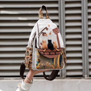 原创亲子文艺百搭帆布背包小清新立体猫咪设计简约休闲轻便双肩包