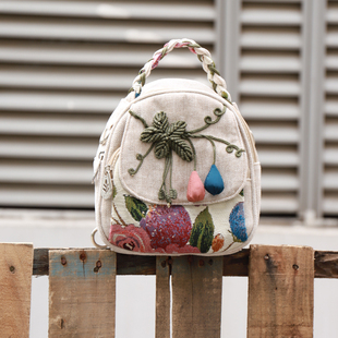新款 复古民族风植物花卉迷你双肩包休闲拉链多功能斜挎手提小背包