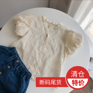 女童纯棉蕾丝娃娃衫夏季韩版宝宝洋气上衣棉质泡泡袖短袖可爱衬衫