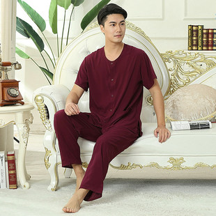 男士短袖长裤绵绸睡衣套中老年男式开衫棉绸套夏季家居服大码包邮