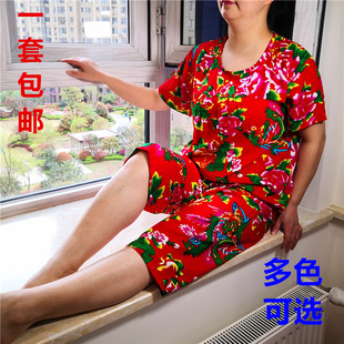女士夏季绵绸睡衣套装东北大红花短袖中裤家居服人造棉绵绸空调服