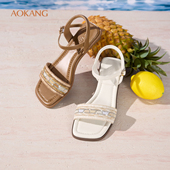 女鞋 2026夏季 新款 奥康 凉鞋 方头编织优雅一字带调节绊带凉拖