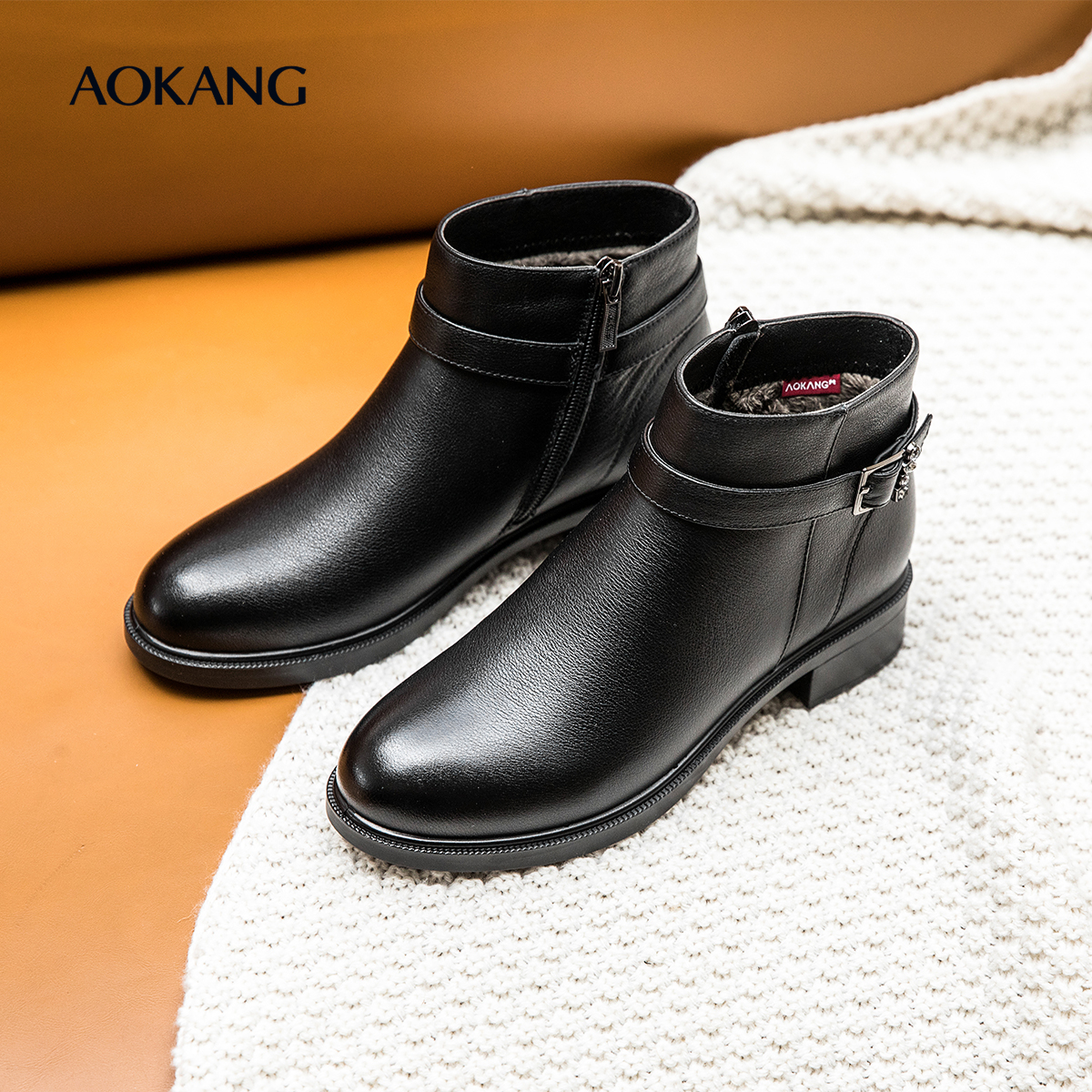 奥康 女鞋冬短靴加绒黑科技双重保暖锁住温暖真皮妈妈棉鞋