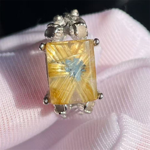 天然水晶钛金发米子花方牌裸石银镶嵌戒指活口可调节财富饰品礼物