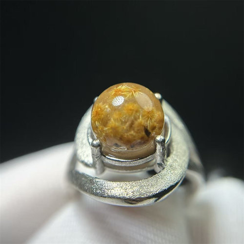 天然水晶金发太阳花朵圆珠10mm银镶嵌戒指活口可调节饰品礼物