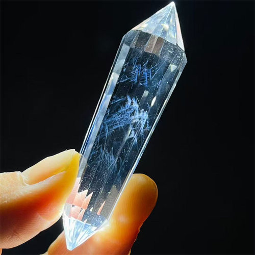 天然白水晶蓝针十二面双尖柱裸石手把玩毛衣车挂件吊坠一物一图款
