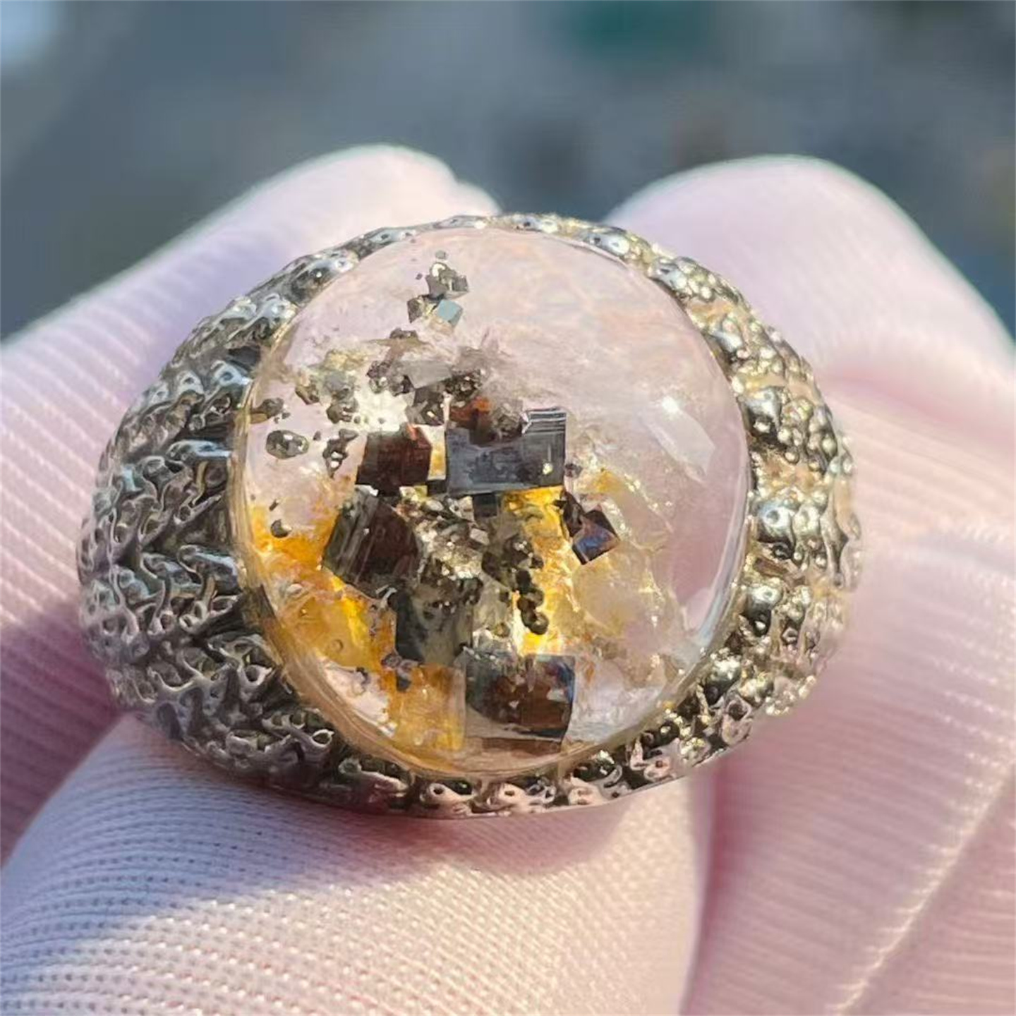 天然水晶包裹立方体铜矿垒生黄胶花共生裸石银镶戒指活口饰品礼物