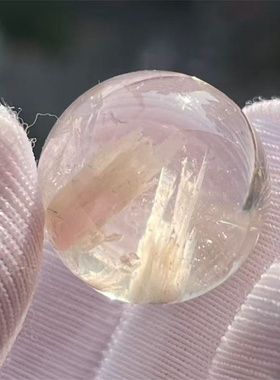 天然水晶包裹体粉色花簇奇石圆珠16mmDIY饰品项挂件吊坠一物一图