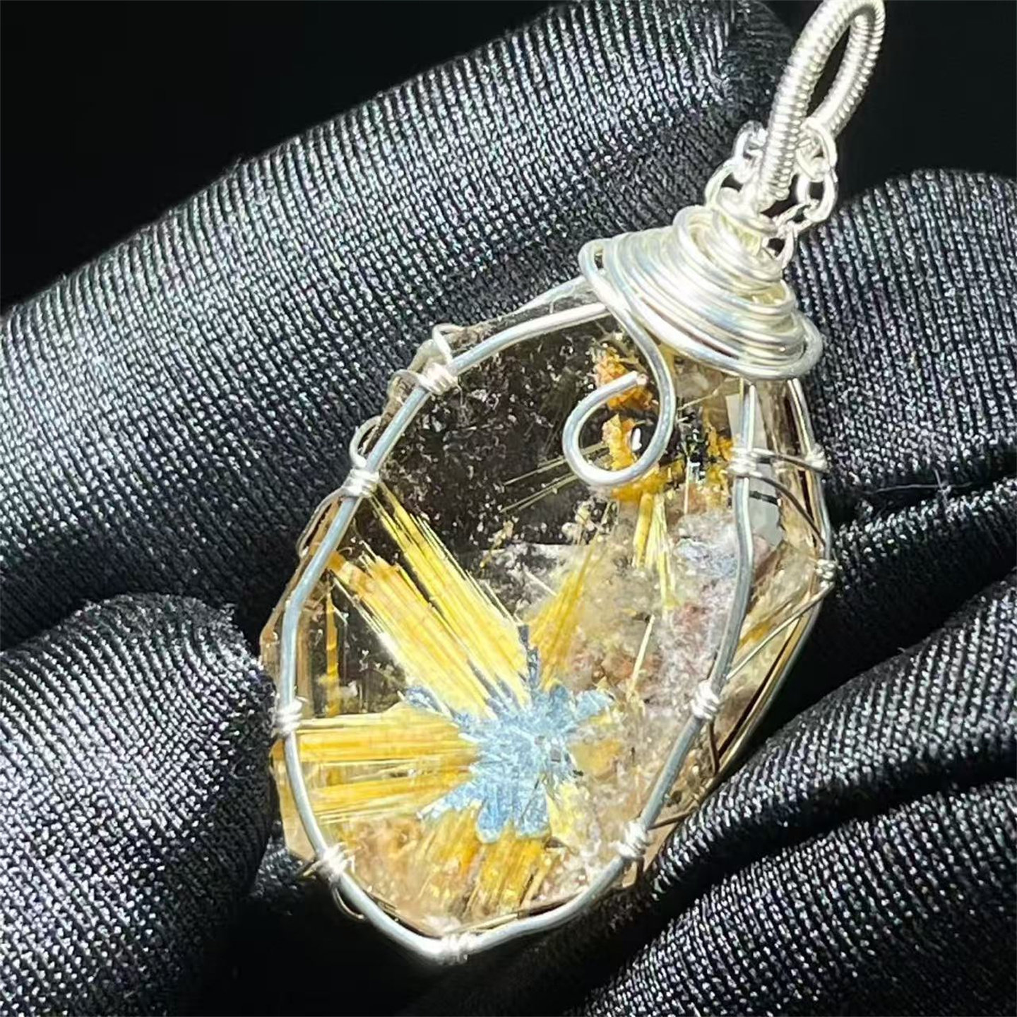 天然水晶钛金发花随形裸石财富饰品手工绕线款项链挂件吊坠