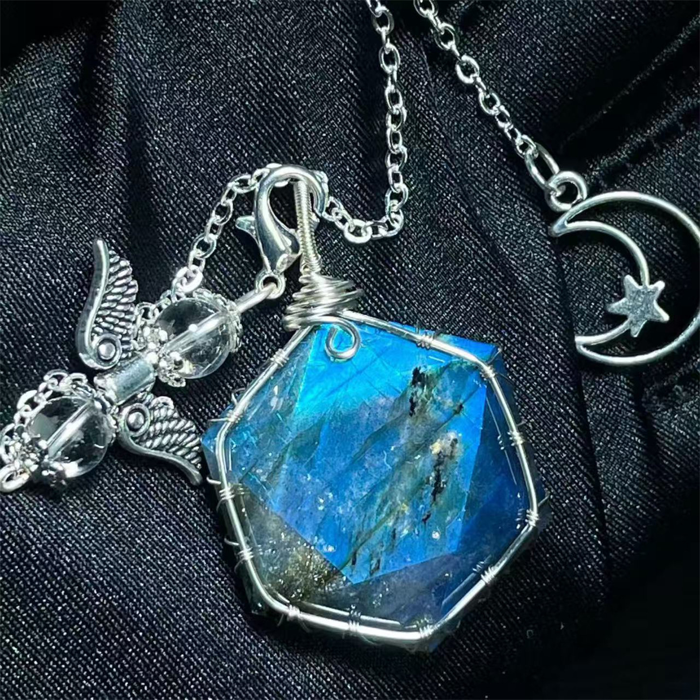 天然蓝光拉长石大卫星裸石手工绕线款把玩项链挂件吊坠一物一图